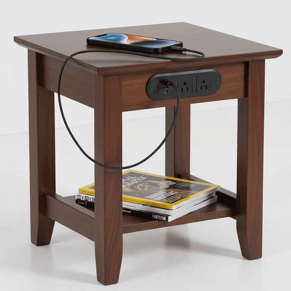End-Table W/ Power Outlet and Charger, Dark Walnut