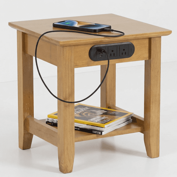 End-Table W/ Power Outlet and Charger, Light Natural Wood