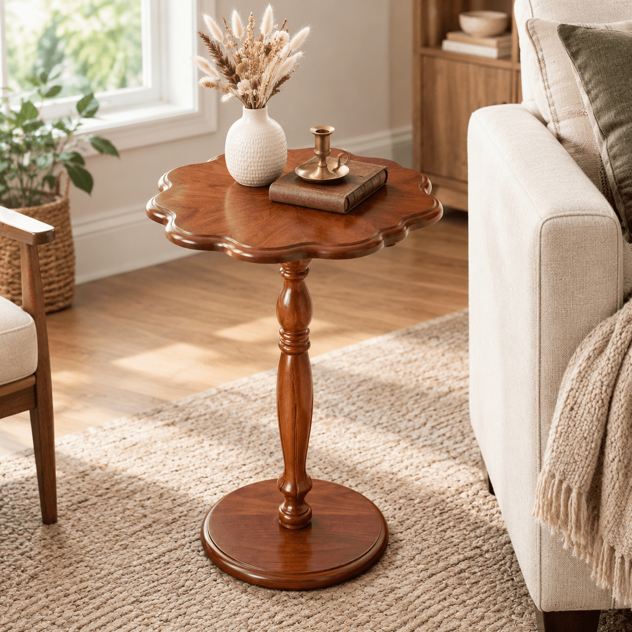 Solid Assembly End Table, Walnut, 8-Scalloped Top, 1, Solid Wood Construction, Tool ...