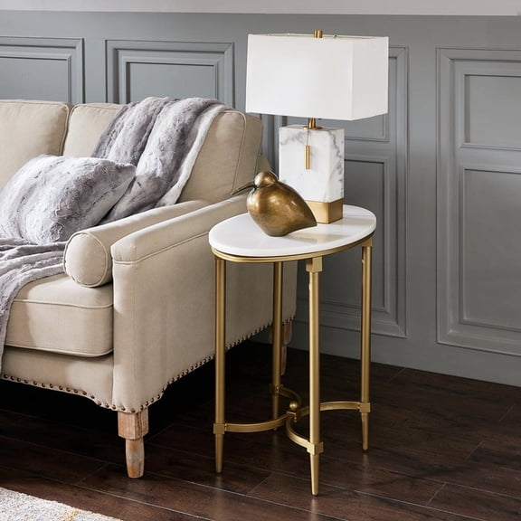 End Table - White Marble Deck With Radiant Gold Metal Legs, Stylish Home Accessory, Assembly Required Top In Design Glittery Marvelous Ornamentation,