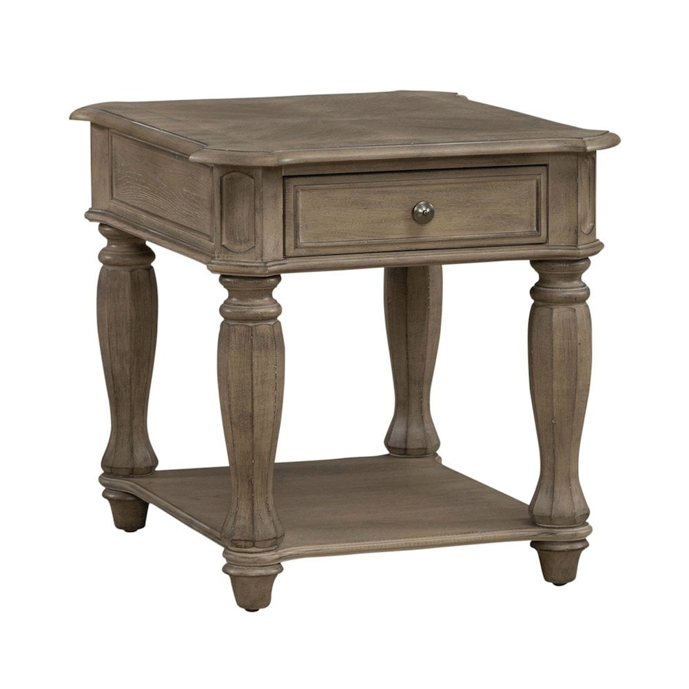 Weathered Bisque Rectangular Wood and Metal End Table with Storage