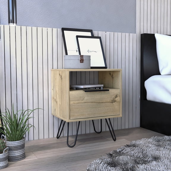 End Table With Stylish Details - Oak Appearance Nightstand Laminated Surface