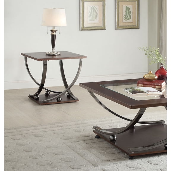End Table With Wood Top and Cross Base, Black Nickel