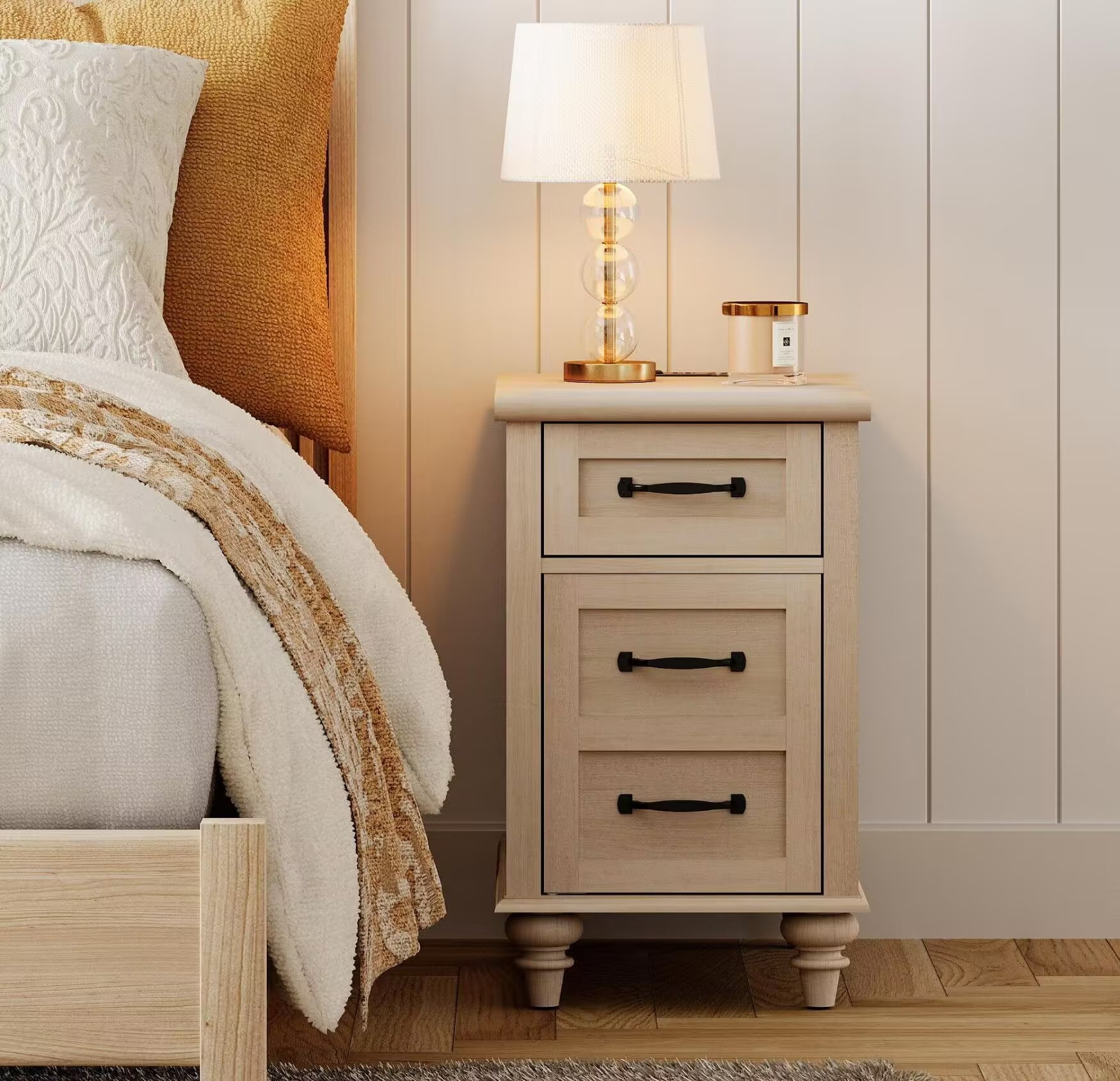 End Table for Bedroom with Charging Station and Storage Cabinet, Beige