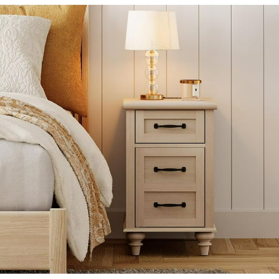 End Table for Bedroom with Charging Station and Storage Cabinet, Beige