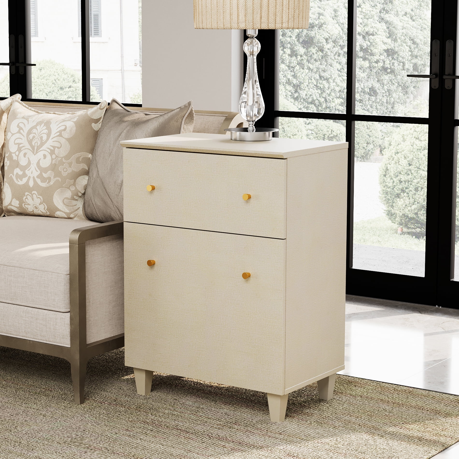 Beige Faux Linen Tall Nightstand with Drawer and Door