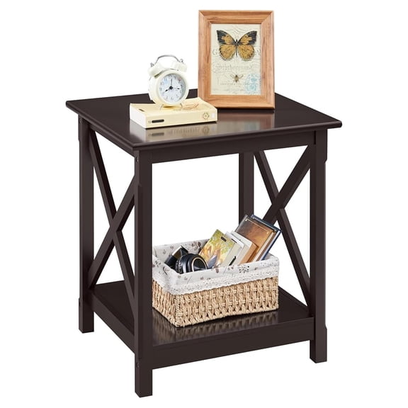 End Table in X-Design, Wood Sofa Side Table with Storage Shelf for Living Room, Espresso, Dark Coffee