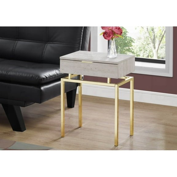 End Table or Nightstand with Bold Gold Metal Base and Smooth Beige Marble Look Rectangular Top, Versatile for Any Room