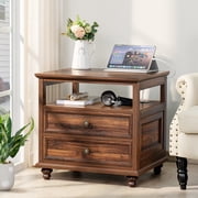 End Table with 2 Drawers for Living Room, Nightstand with Charging Station, Bedside Table with Shelf for Bedroom, Brown
