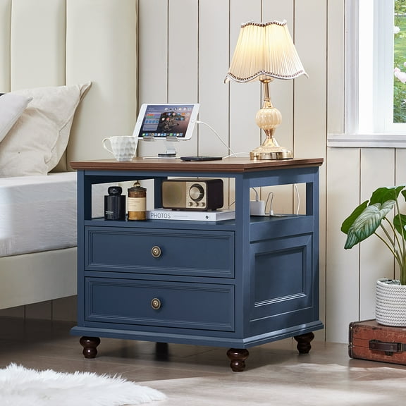 End Table with 2 Drawers for Living Room, Nightstand with Charging Station, Bedside Table with Shelf for Bedroom, Dark Blue