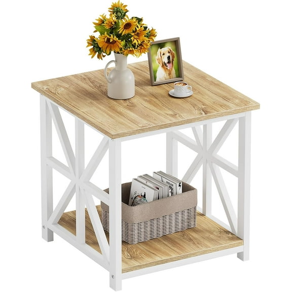 End Table with 2-Tier Storage Shelf, 24 inch Large Side Table for Living Room,Modern Nightstand for Bedroom Bedside Office Farmhouse, Grey Wash