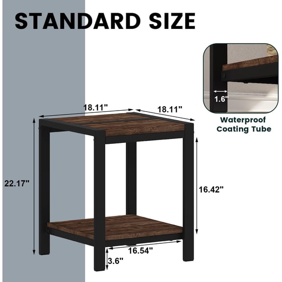 End Table with 2-Tier Storage Shelves, Rustic Oak Small Side Table for Living Room Bedroom