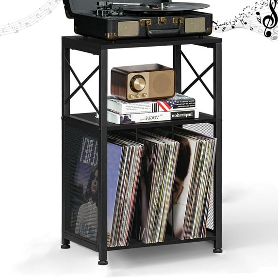 End Table with 3 Shelves, Vinyl record player stand black, Easy Assembly, Ideal for Living Room, Bedroom, Office