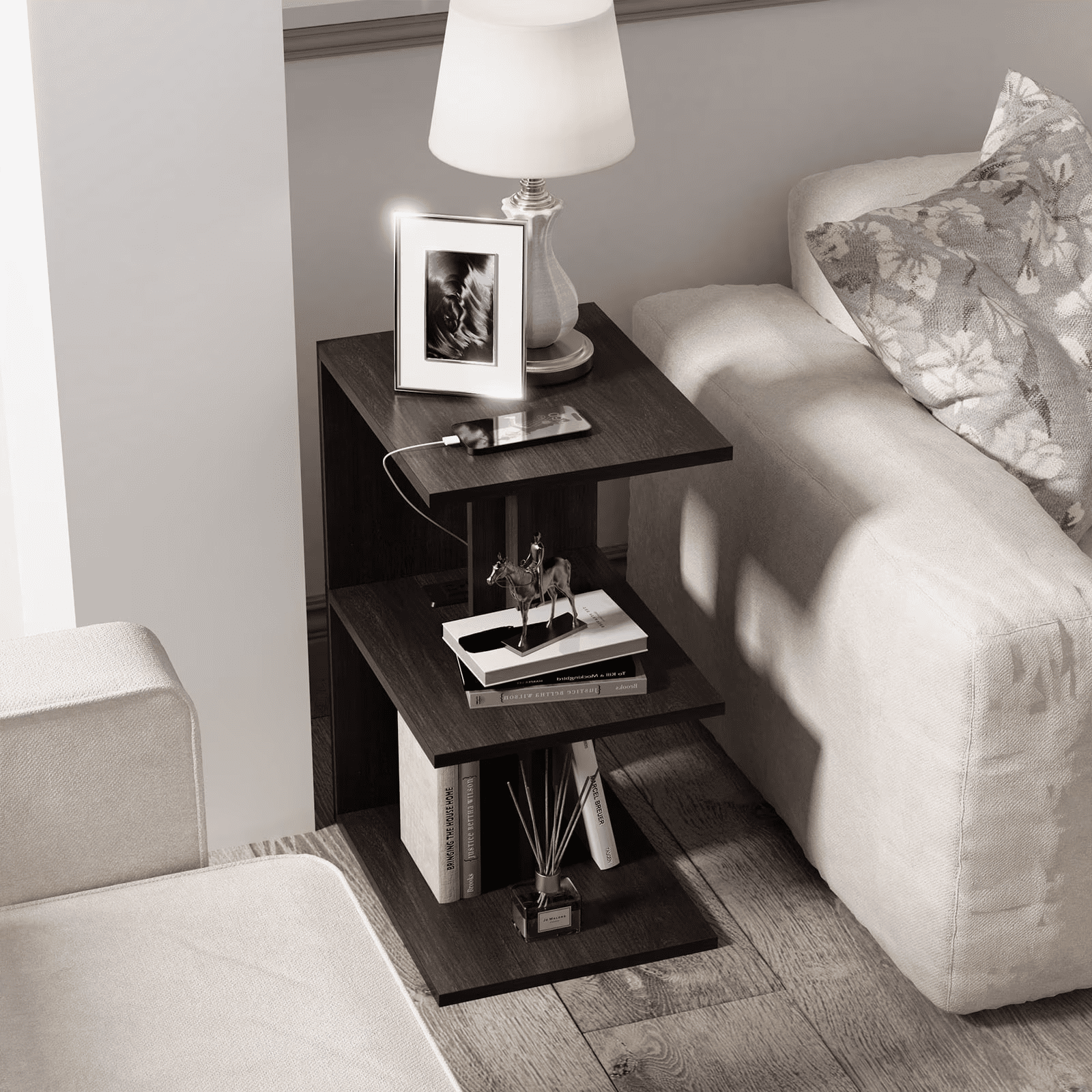 End Table with Charging Station 11.8x14.6x22.4 Inch 2 USB Ports 2 Outlets Mecanum Wheels for Living Room Bedroom