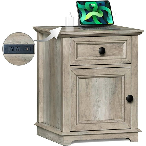 End Table with Charging Station, 18" Side Table with Drawer, Bedside Table Living Room, 24" Tall Nightstand with Drawer for Bedroom, Light Grey.