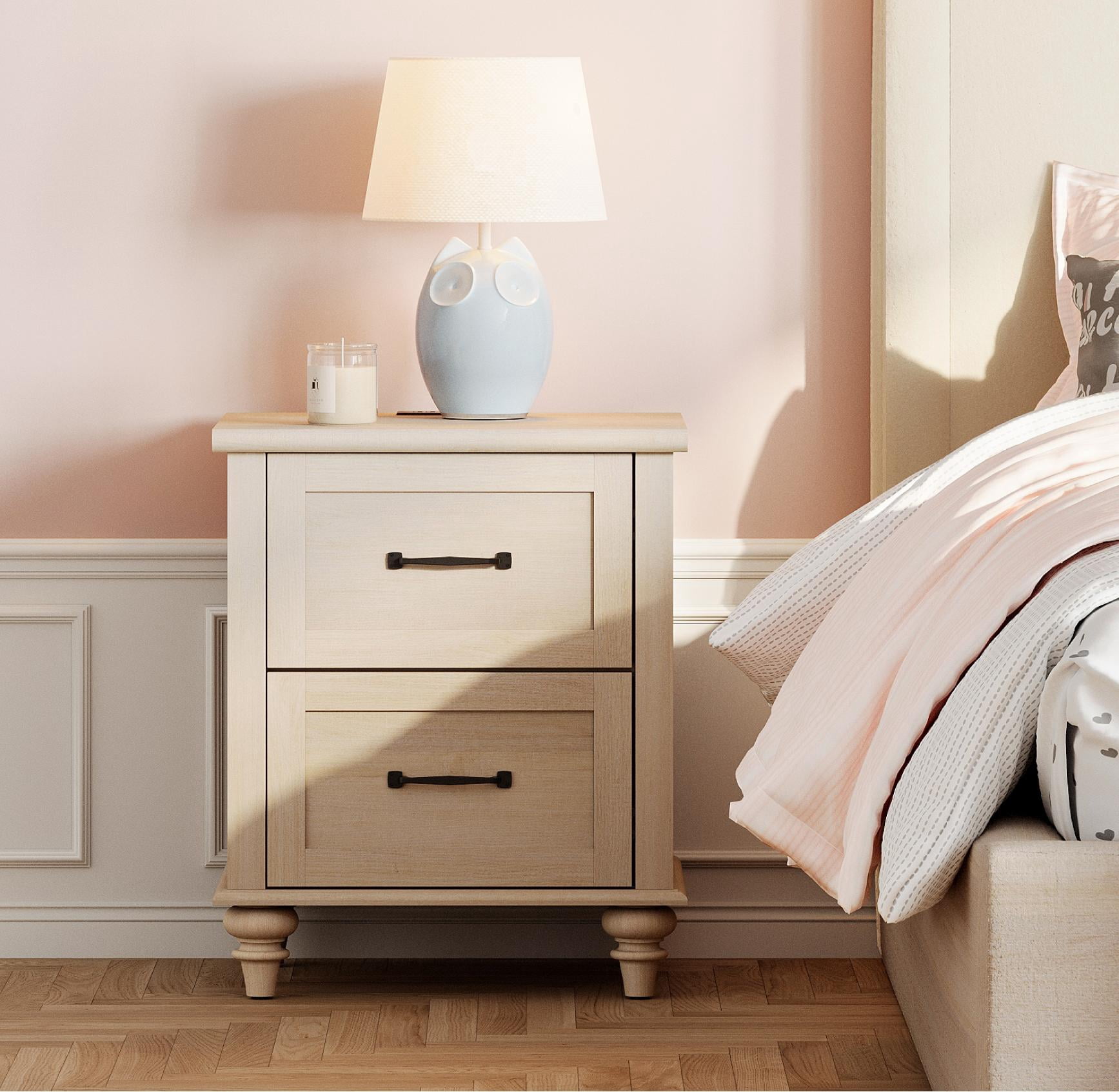 End Table with Charging Station, 2-Drawer Nightstand for Bedroom, Elegant Side Table for Living Room, Dorm, Beige