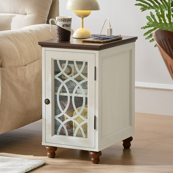 End Table with Charging Station, Bedside Table with Storage Shelves,Small Side Table with Barn Door for Bedroom Living Room, White
