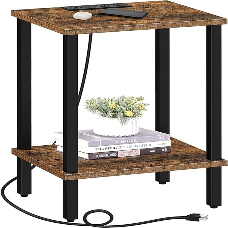 Brown Metal End Table with Charging Station and 2-Tier Storage