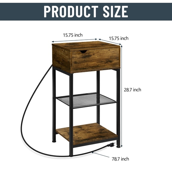 End Table with Charging Station & Drawer, 3-Tier Side Table with USB Ports & Outlets, Nightstand for Living Room, Bedroom, Rustic Brown