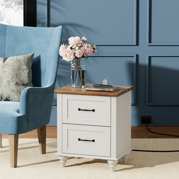 End Table with Charging Station Farmhouse Wooden NightStand  Sofa Side Table with 2 drawers for Bedroom Living Room, White