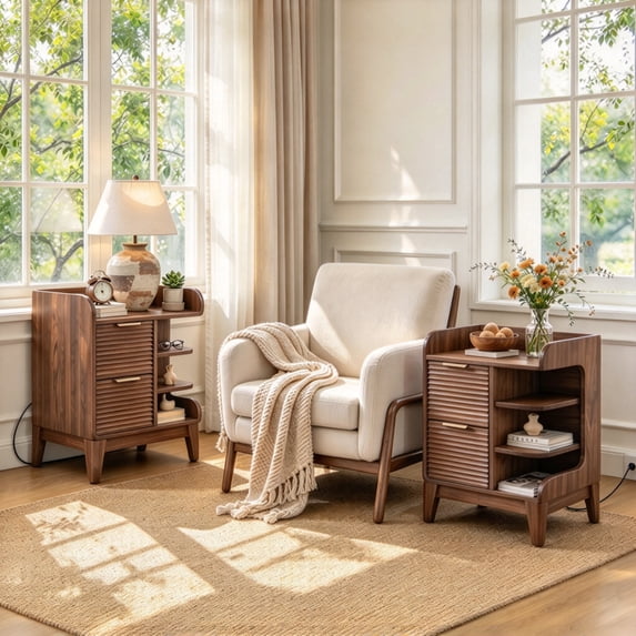 End Table with Charging Station,2 USB Ports & 2 Outlets, Fluted Drawers Side Table for Living Room Bedroom, Walnut