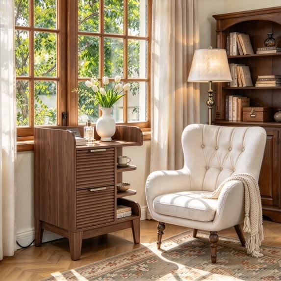 End Table with Charging Station, 2 USB Ports & 2 Outlets, Fluted Drawers Side Table for Living Room Bedroom, Walnut