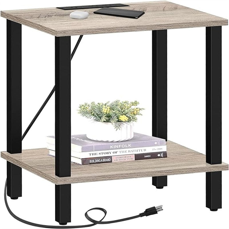 Greige Metal 2-Tier End Table with Charging Station