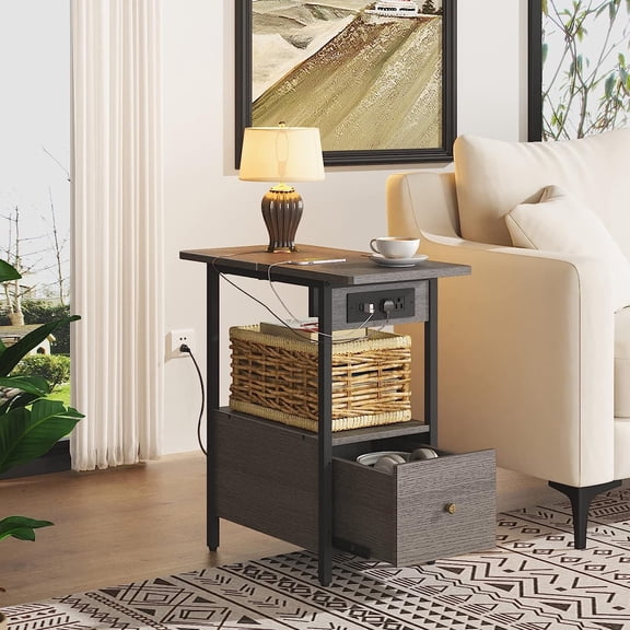 End Table with Charging Station, Narrow Side Table with Drawer and USB Ports & Power Outlets for Small Spaces