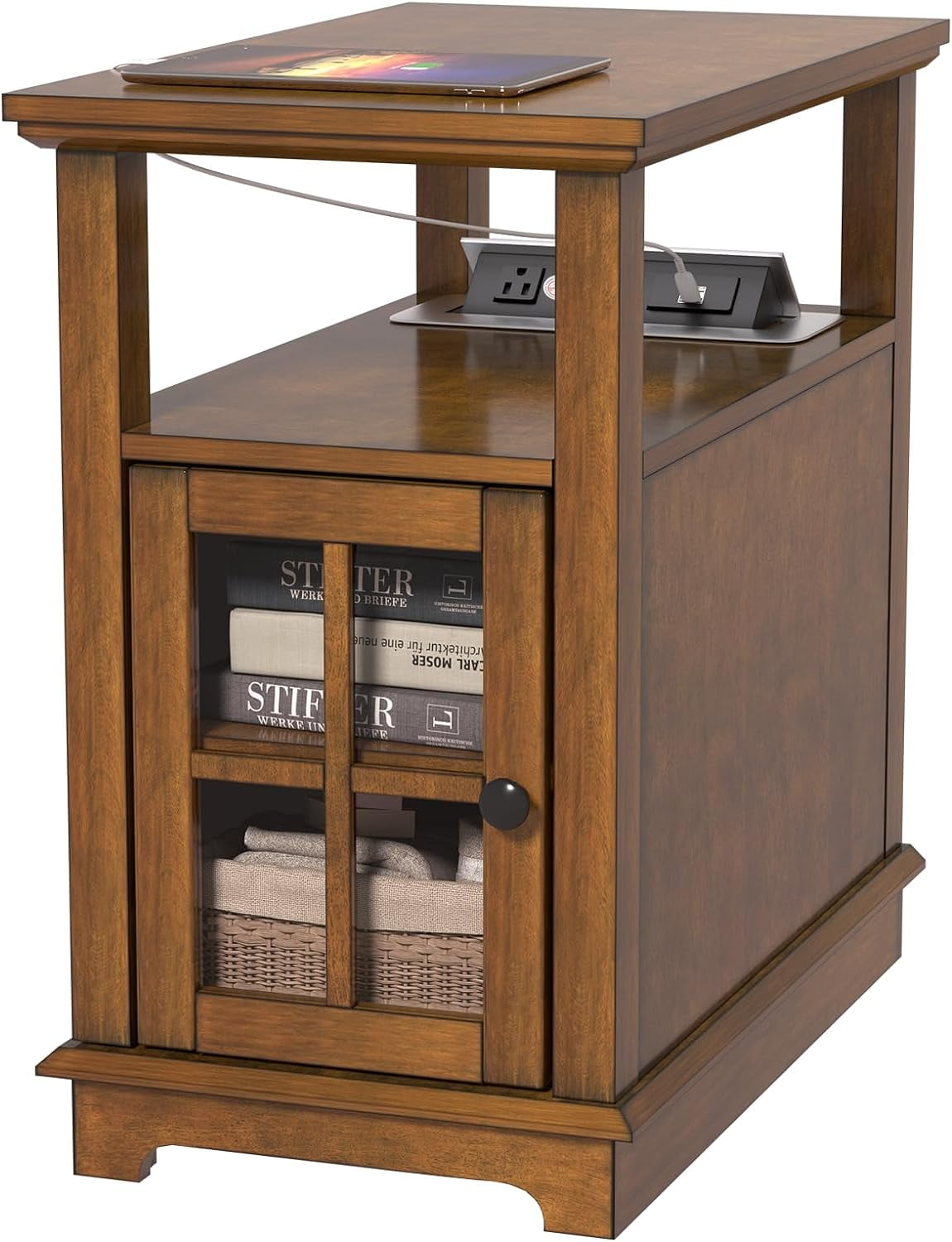 End Table with Charging Station, Narrow Side Table with Storage