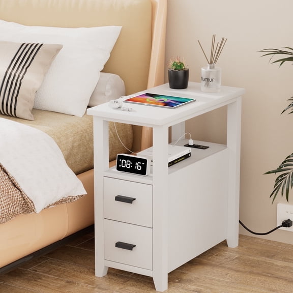 VNT End Table with Charging Station, Nightstand with 2 Drawers for Living Room, Bedroom, White