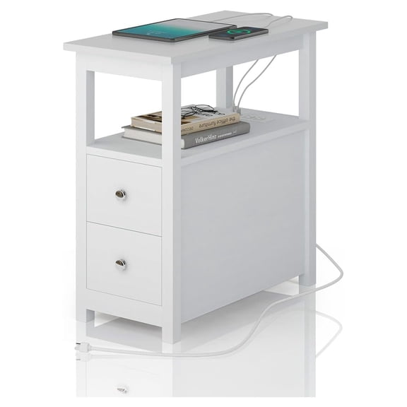 End Table with Charging Station, Nightstand with Drawers & USB Ports, Bedside Table for Living Room Bedroom, Small Space Side Table White