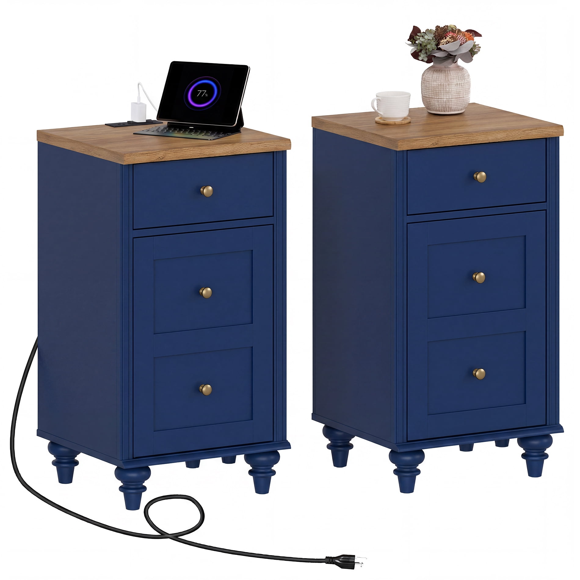 End Table with Charging Station, Nightstand with Power Outlets & USB Ports, Navy Blue, 2 PCS