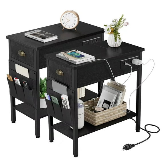 End Table with Charging Station Set of 2, Narrow Side Table with Drawer for Small Space, Black