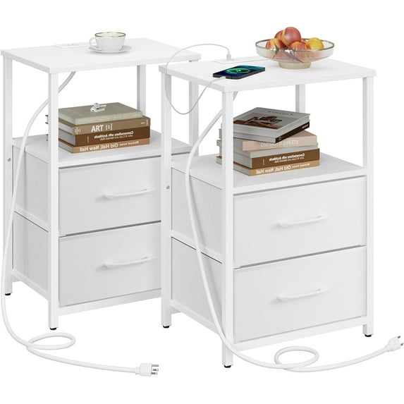 End Table with Charging Station, Side Table with 2 USB Ports and Outlets, Nightstand with Cloth Drawer, Set of 2, Couch Table, White TB01BW052