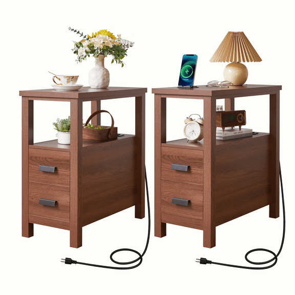 End Table with Charging Station,Side Tables with USB Ports & Outlets,Modern Side Table with 2 Drawers, Small Wood Rustic Bedside Table