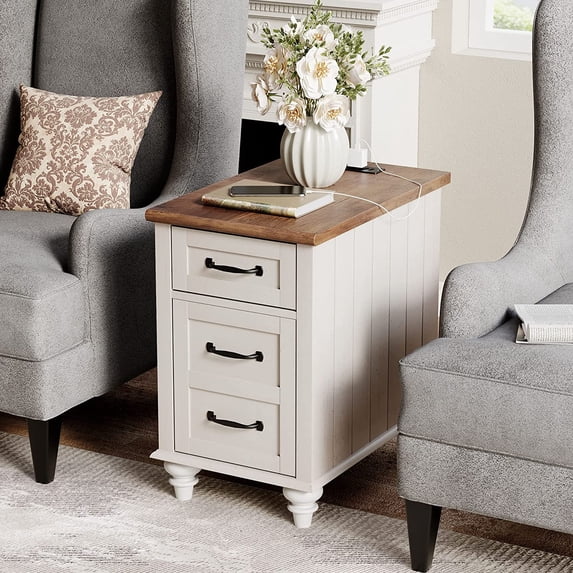 End Table with Charging Station&USB Port, Side Table with Storage Drawers for Living Room, Bedroom, White