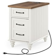 End Table with Charging Station, Wood Side Table with Storage Drawers for Living Room, Bedroom, White