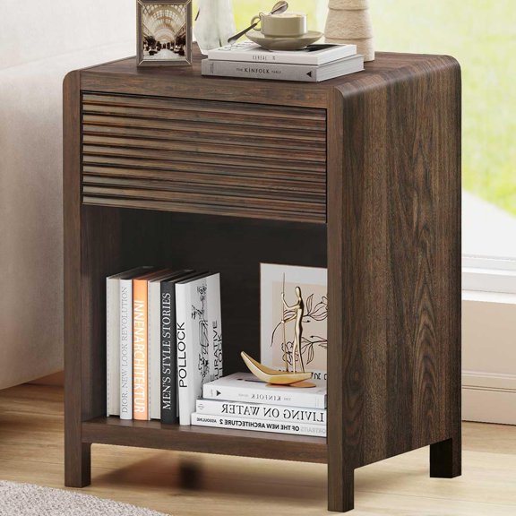 End Table with Drawer, Couch Side Table for Living Room, Wood Bedside Table Nightstand with Storage (Dark Walnut)