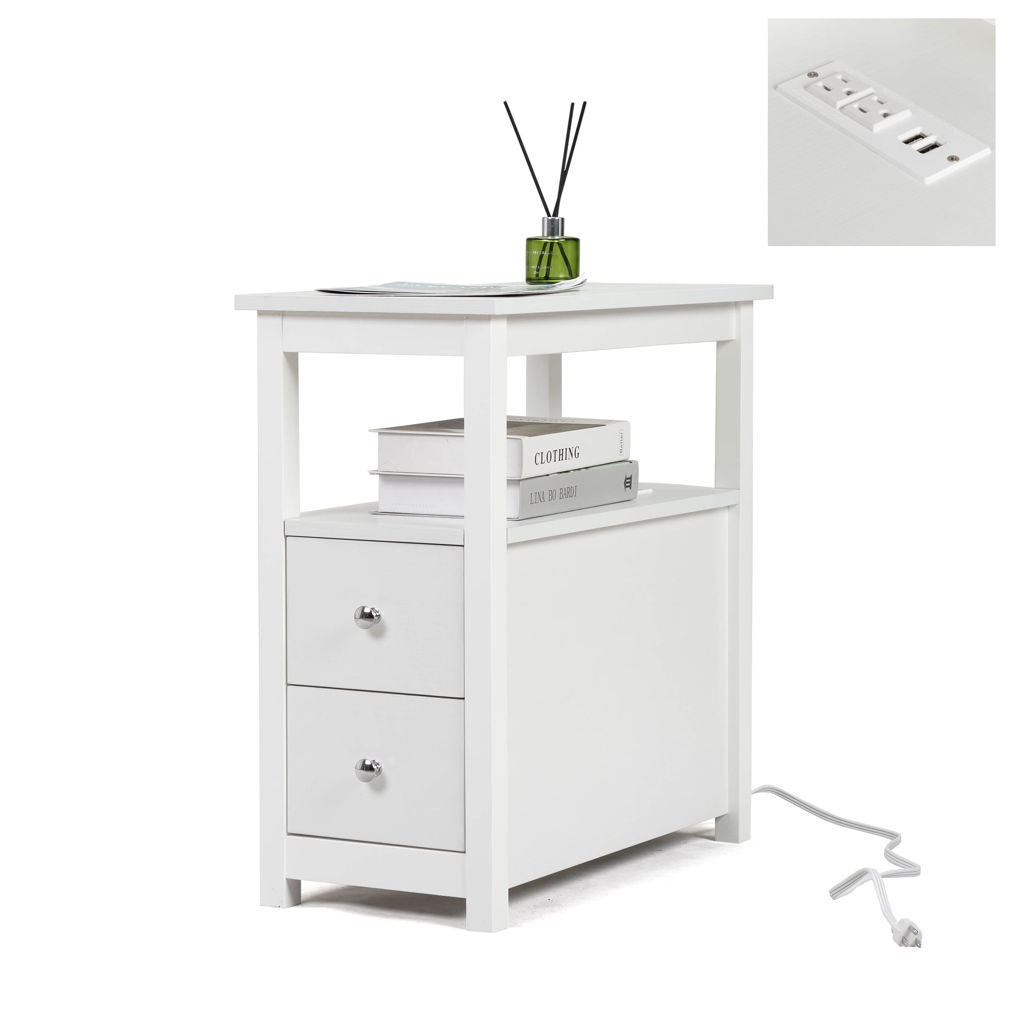 Seizeen Small Bedside Furniture White Wooden End Table with Storage