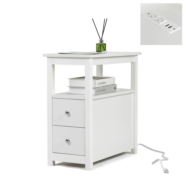 End Table with Drawers and Charging Station, Narrow Wooden Side Tables