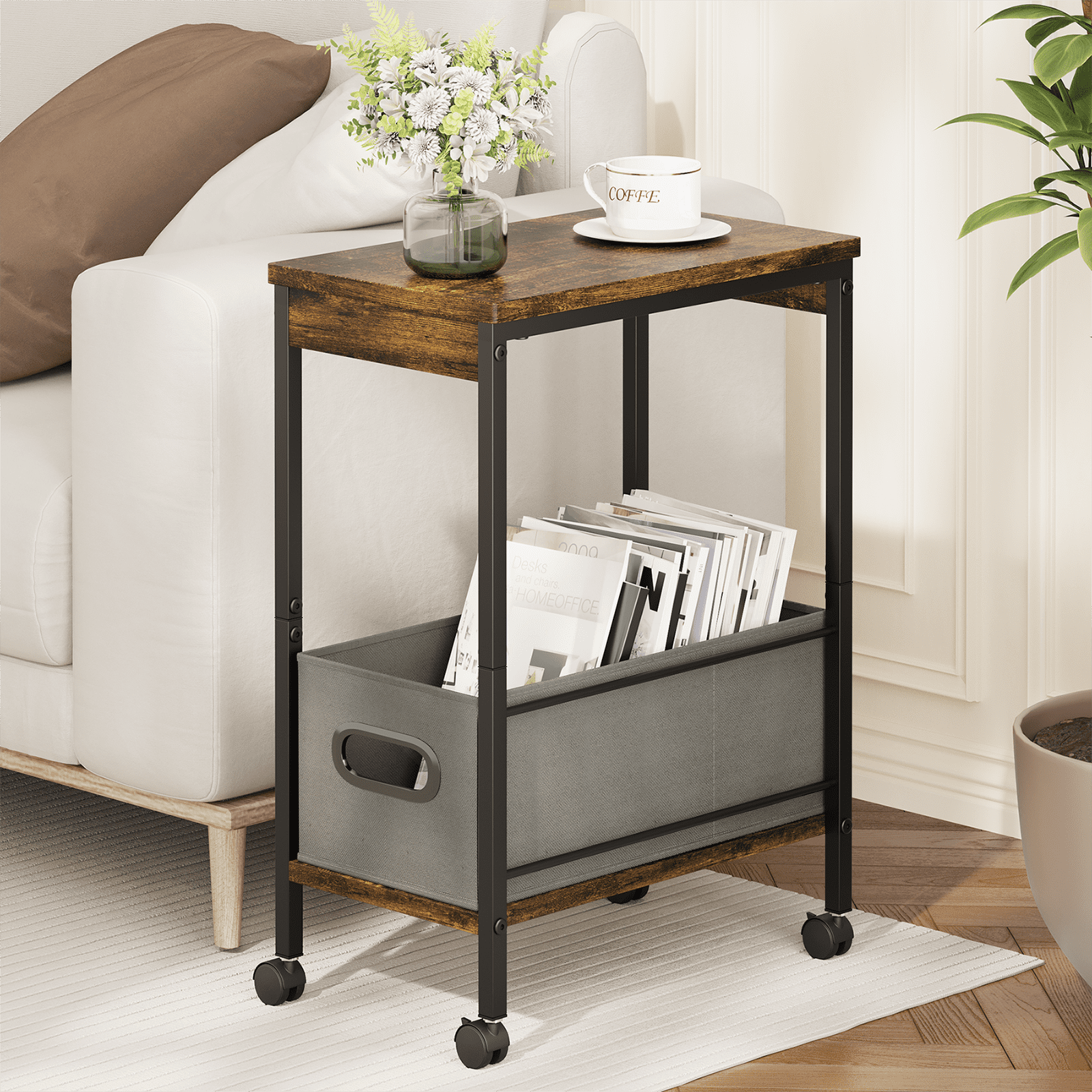 Narrow End Table Living Room with Wheel, Side Table with Fabric Drawer, Slim Nightstand for Bedroom, Small Spaces
