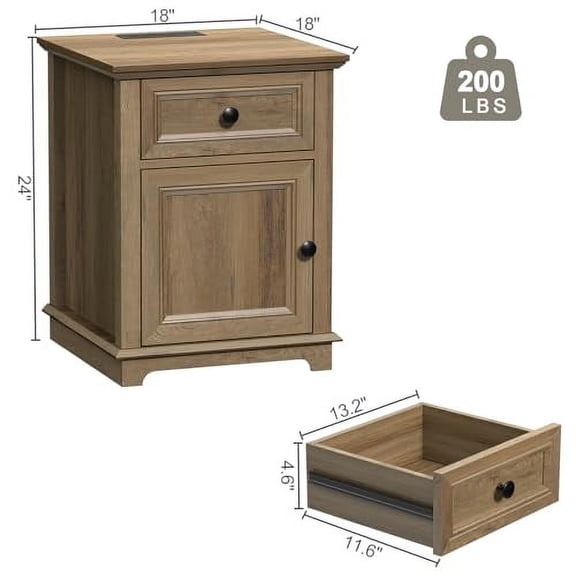 End Table with Fast Charging Station, End Tables Living Room, 18" Side Table with Drawer, 24" Tall Side Table with Storage for Bedroom, Light Brown