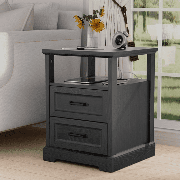 Hommpa Farmhouse End Tables for Living Room, Nightstand with Charging Station, Rustic Sofa Side Table with 2 Drawers and Storage Shelf, Bedside Cabinet for Bedroom, Black