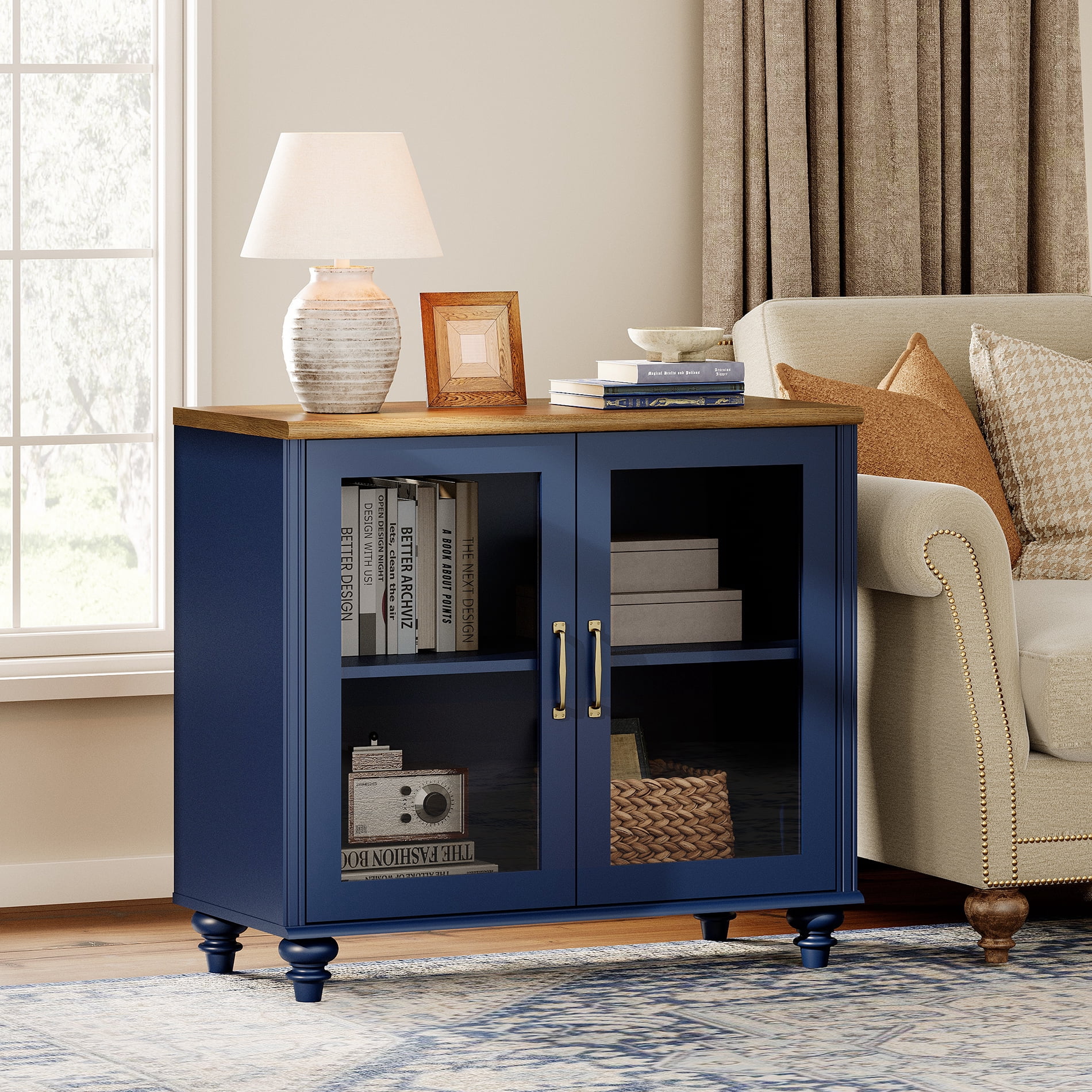 End Table with Glass Doors, Nightstand with Ample Storage, Side Table with for Bedroom, Navy Blue