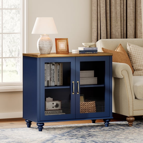 End Table with Glass Doors, Nightstand with Ample Storage, Side Table with for Bedroom, Navy Blue
