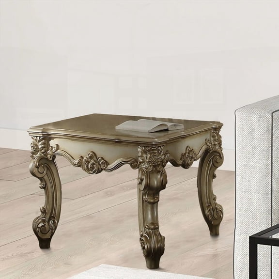 End Table with Gold Patina and Bone Finish, Scrolled Leg and Versatile Surface