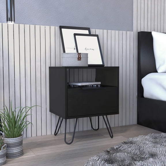 Bedroom End Table or Living Room Side Table | Easy to Assemble with Screw Driver | Stable Hairpin Metal Legs | Stores Daily Necessities