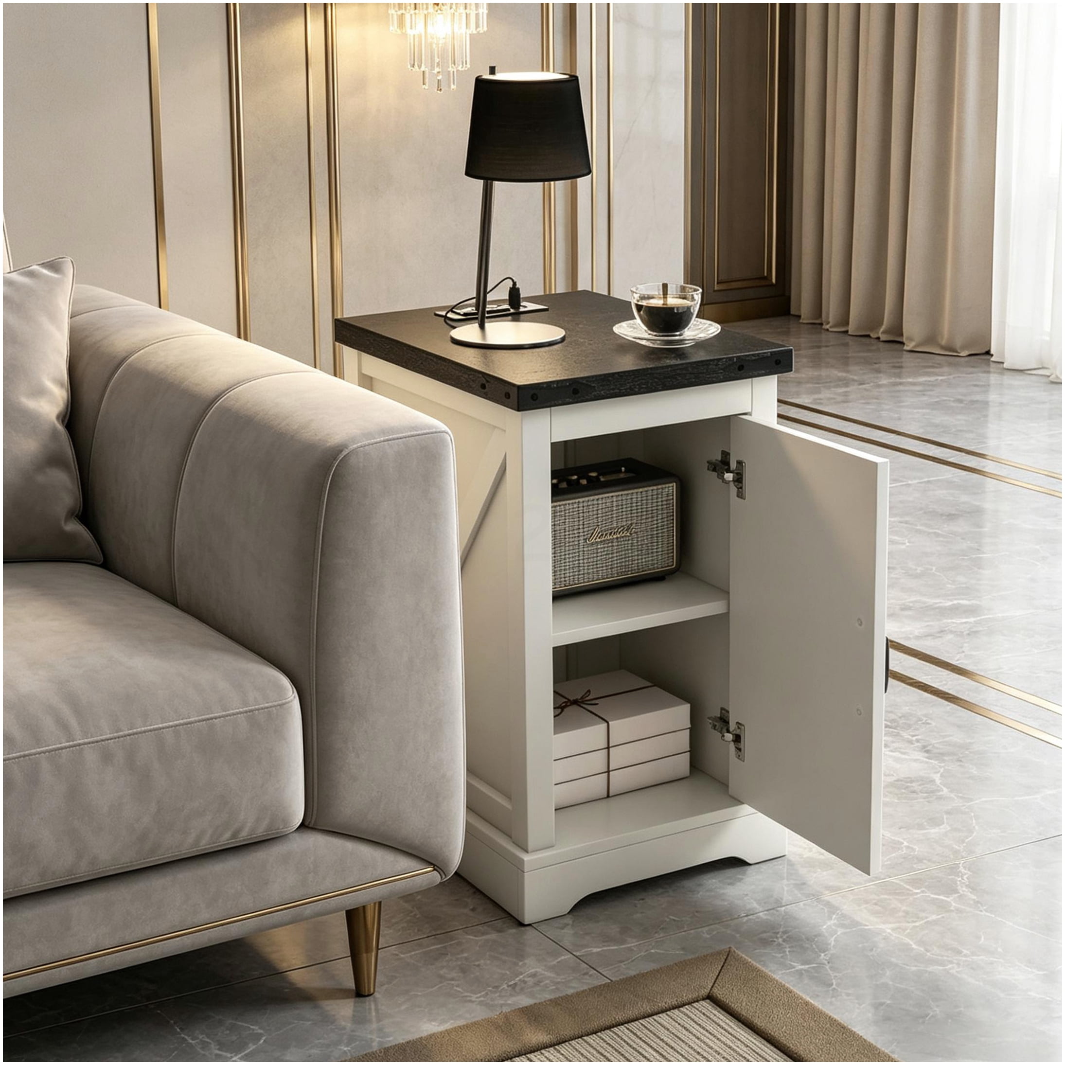 End Table with Integrated Power Hub Distressed White Particleboard ...