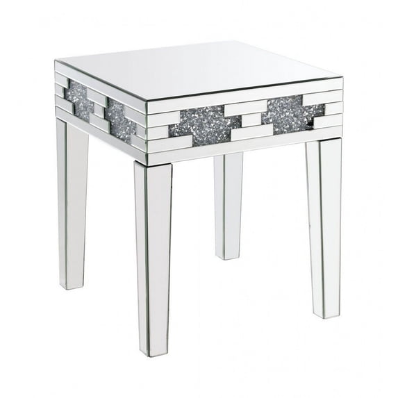 End Table with Mirror Panel Framing and Faux Diamonds Silver