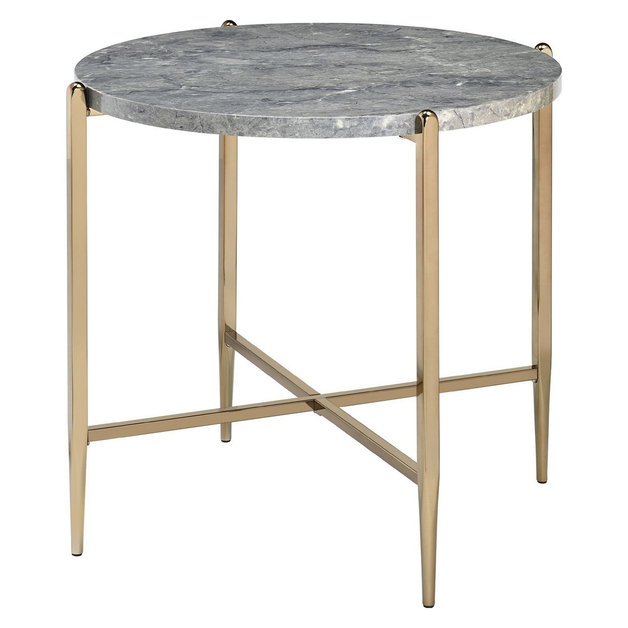 Elysian 26" Champagne Gold Round Stone & Metal End Table